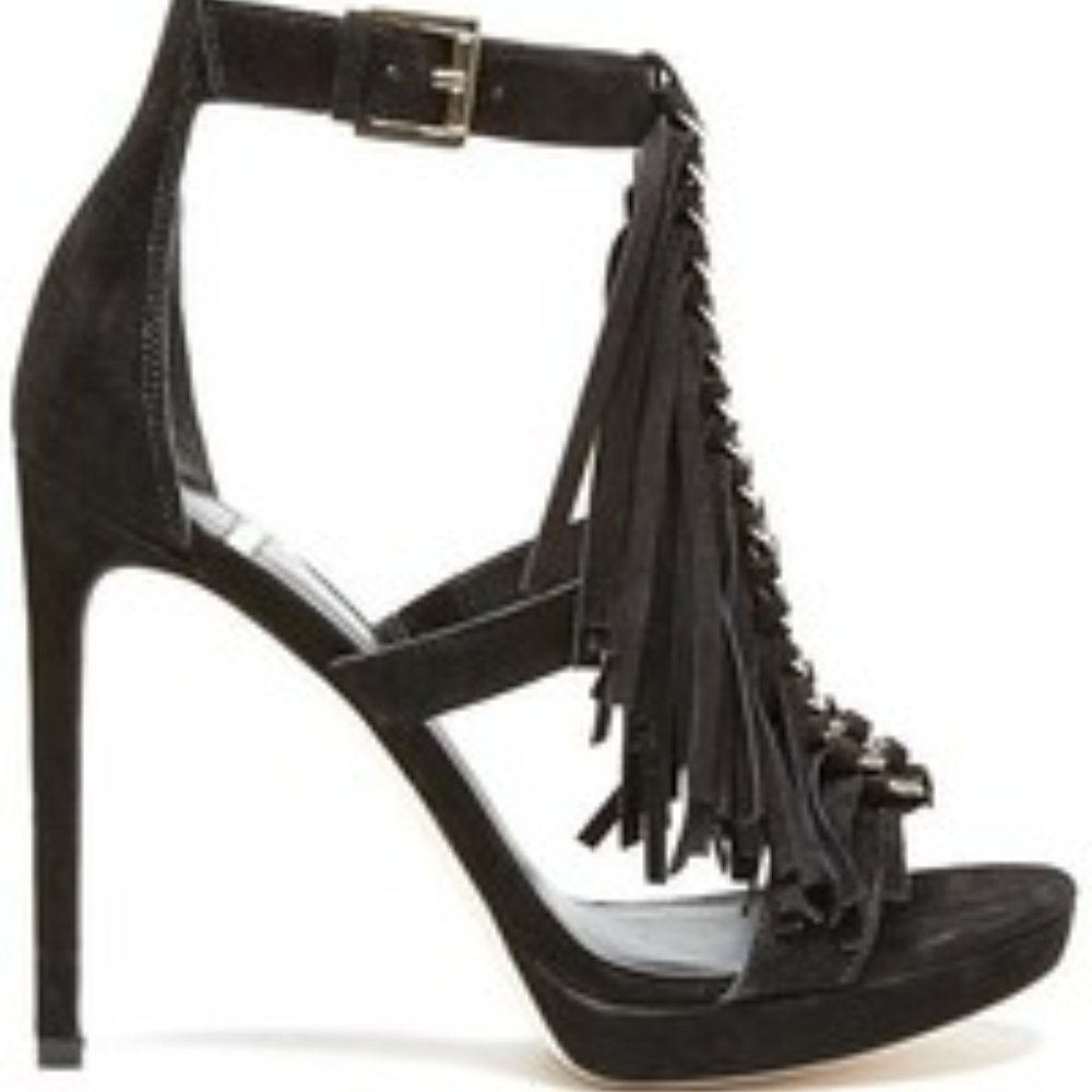 MARCIANO by Guess  Black Fringe Suede Heeled Sandals by GUESS by Marciano